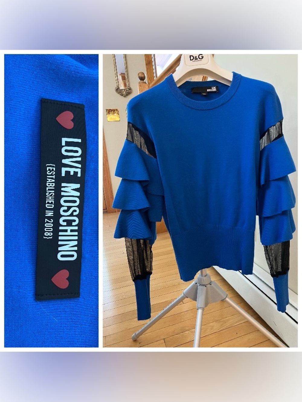 Love Moschino Cobalt Blue Ruffle Sleeve Sweater with Mesh Insets